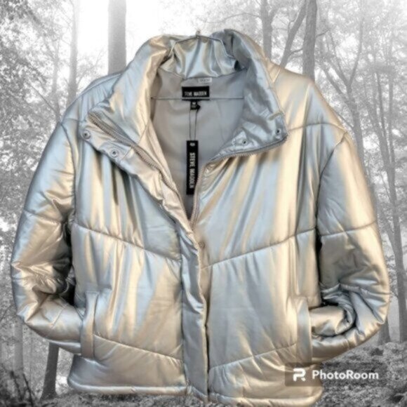 Steve Madden Metallic Silver Downtown Bomber Puffer Jacket NWT Sz Small - Picture 1 of 12